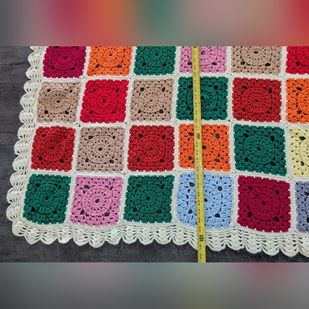 Vtg Granny Square Afghan Blanket Throw Handmade 58x61 White Multicolor Crochet - Picture 4 of 5
